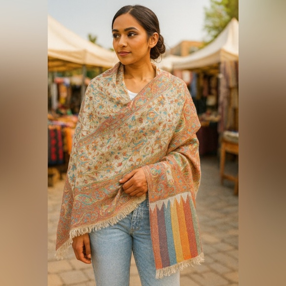 ✨ Luxe Indian Wool–Silk Jacquard Shawl | Hyderabad Artisan Weave | 30 x 80 NWOT